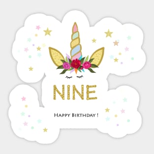 Ninth birthday. Nine. Unicorn Birthday invitation. Party invitation Sticker